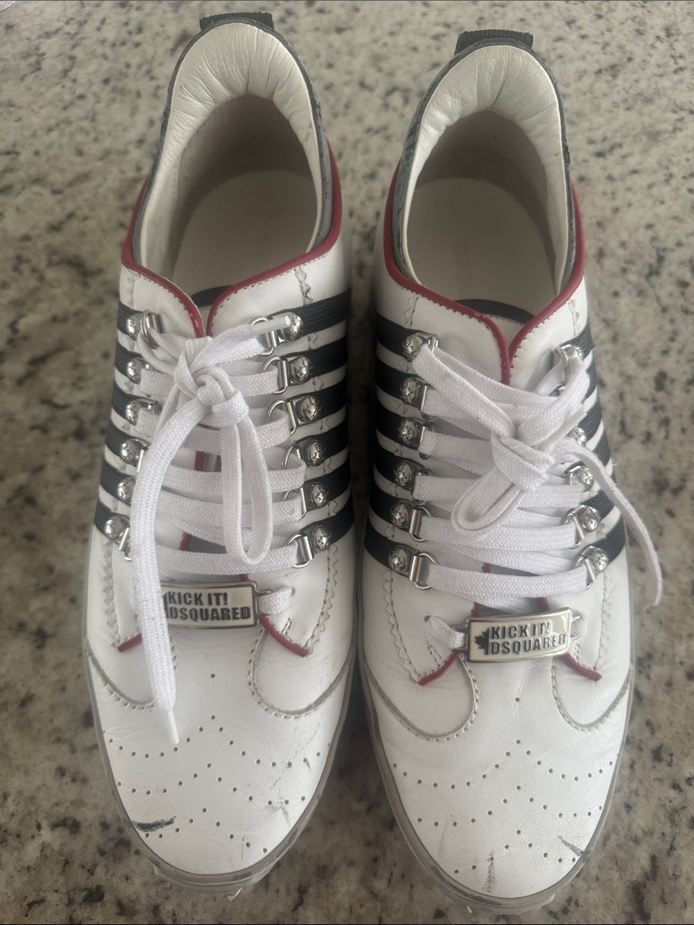DSQUARED2 White Leather Sneakers with Black Stripes and Red Trim EU 43 / US 10